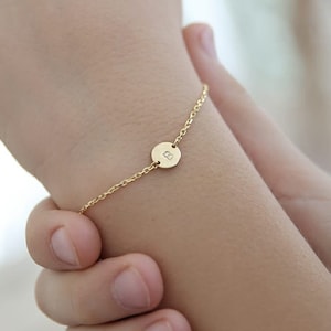 14k Gold Tiny Initial Bracelet-Dainty Personalized Disk Bracelet-Personalized Gift-Letter Bracelet-Bridesmaid Gift-Gifts-JX14 image 1