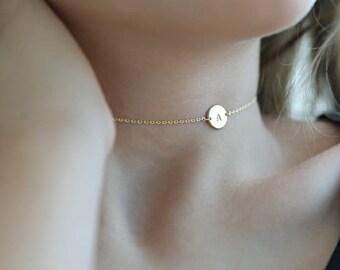 Choker Initial Necklace-Gold Choker Necklace-Dainty Chain Choker Necklace-Personalized Initial Choker-Silver, Rose Gold Filled-JX14