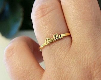 14k Solid Gold Dainty Name Ring-Personalized Rings-Gold Name Ring-Gift For Her-Stackable Ring-Stacking Ring-Personalized Gift-JX08