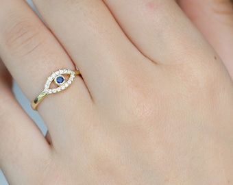 14k Gold Evil Eye Ring,Dainty Stackable Ring, Handmade Jewelry,Simple  Ring,Minimalist Ring,JX61