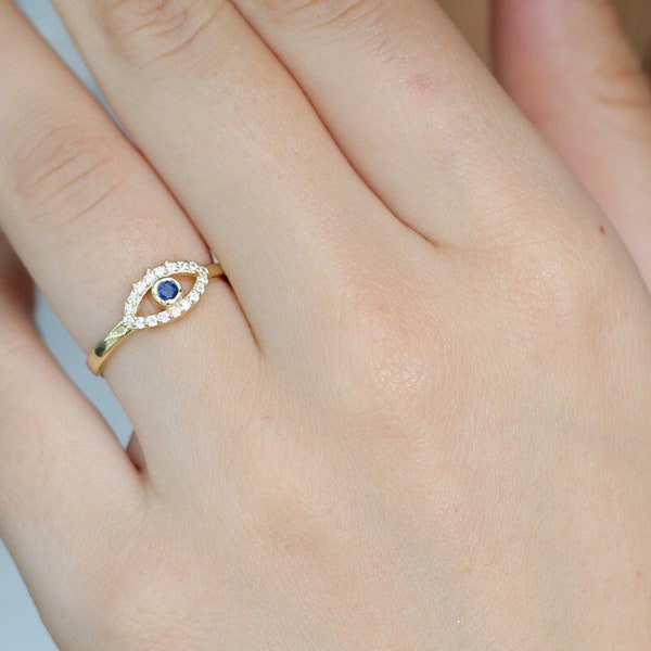 14k Gold Evil Eye Ring,Dainty Stackable Ring, Handmade Jewelry,Simple  Ring,Minimalist Ring,JX61