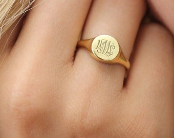 14k Gold Signet Ring-Personalized Monogram Ring-Letter Ring-Initial Ring-Engraved Ring-Womens  Ring-JX06