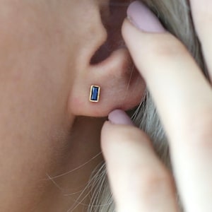 Tiny Sapphire Baguette Earrings,Baguette Earrings,Dainty Stud Earrings, Small Stud Earrings, Minimalist Earrings,JX87