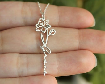 Birth Flower Name Necklace,Sterling Silver Name Necklace with Birth Flower, Floral Name Necklace,Personalized Birthday Flower,CKC01