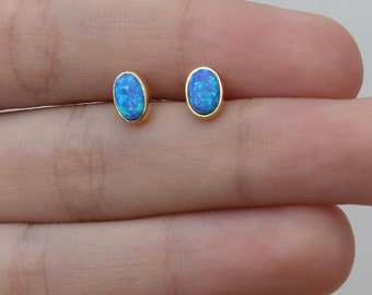 Blue Opal Stud Earrings,14k Gold Earrings,Dainty Opal Earrings.Minimalist Errings, Real Opal Earrings,JX66