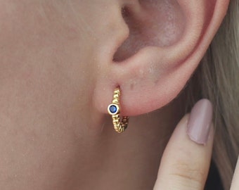 Beaded Sapphire Hoop Earrings,Sapphire Jewelry,Dainty  Hoop Earrings,Minimalist Earrings,Gift For Her,JX92