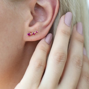 May include: A close-up of a person's ear with a small gold earring with three pink gemstones. The earring is in the shape of a curved line.