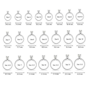 May include: A chart showing different ring sizes with corresponding measurements in millimeters. The chart includes sizes 3 through 13.5.