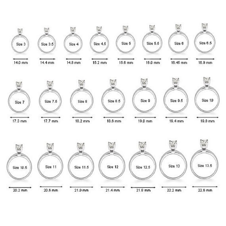 May include: A chart showing different ring sizes with corresponding measurements in millimeters. The chart includes sizes 3 through 13.5.