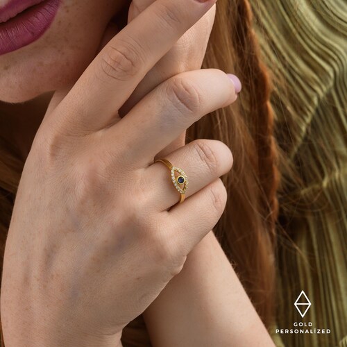 Bague mauvais œil en or 14 carats, bague empilable délicate, bijoux faits main, bague simple, bague minimaliste, JX61
