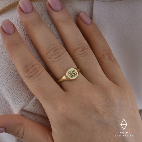 14k Gold Signet Ring-Personalized Monogram Ring-Letter Ring-Initial  Ring-Engraved Ring-Womens Ring-JX06