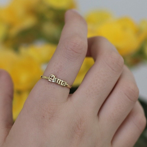 14k Gold Old English Name Ring,Personalized Ring,Dainty Name Ring,Gothic Ring ,JX09