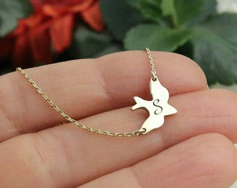 14k Solid Gold-Bird Necklace-Personalized-Gift-Dove Necklace-Soar Bird Necklace-14k- Necklace-Personalized Gift-Personalized Necklace-JX11