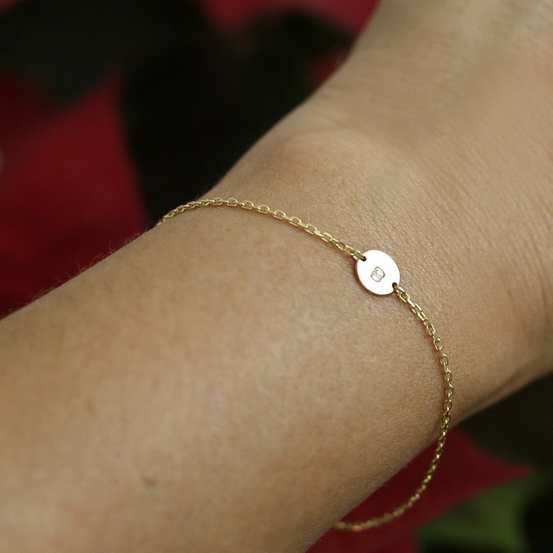 14k Gold Tiny Initial Bracelet-Dainty Personalized Disk Bracelet-Personalized Gift-Letter Bracelet-Bridesmaid Gift-Gifts-JX14 image 5