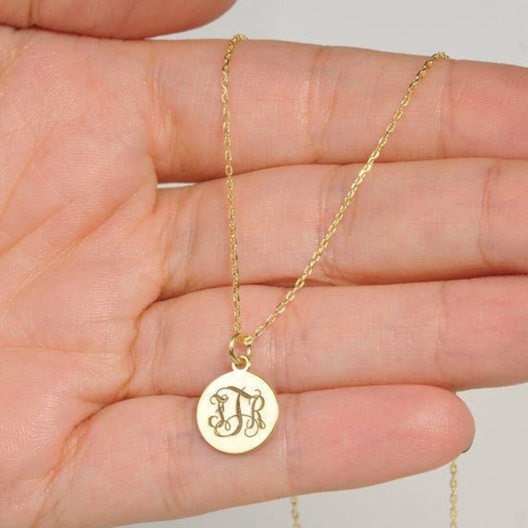 14k Solid Goldtiny Disc Necklacemonogrampersonalized Disc Necklace