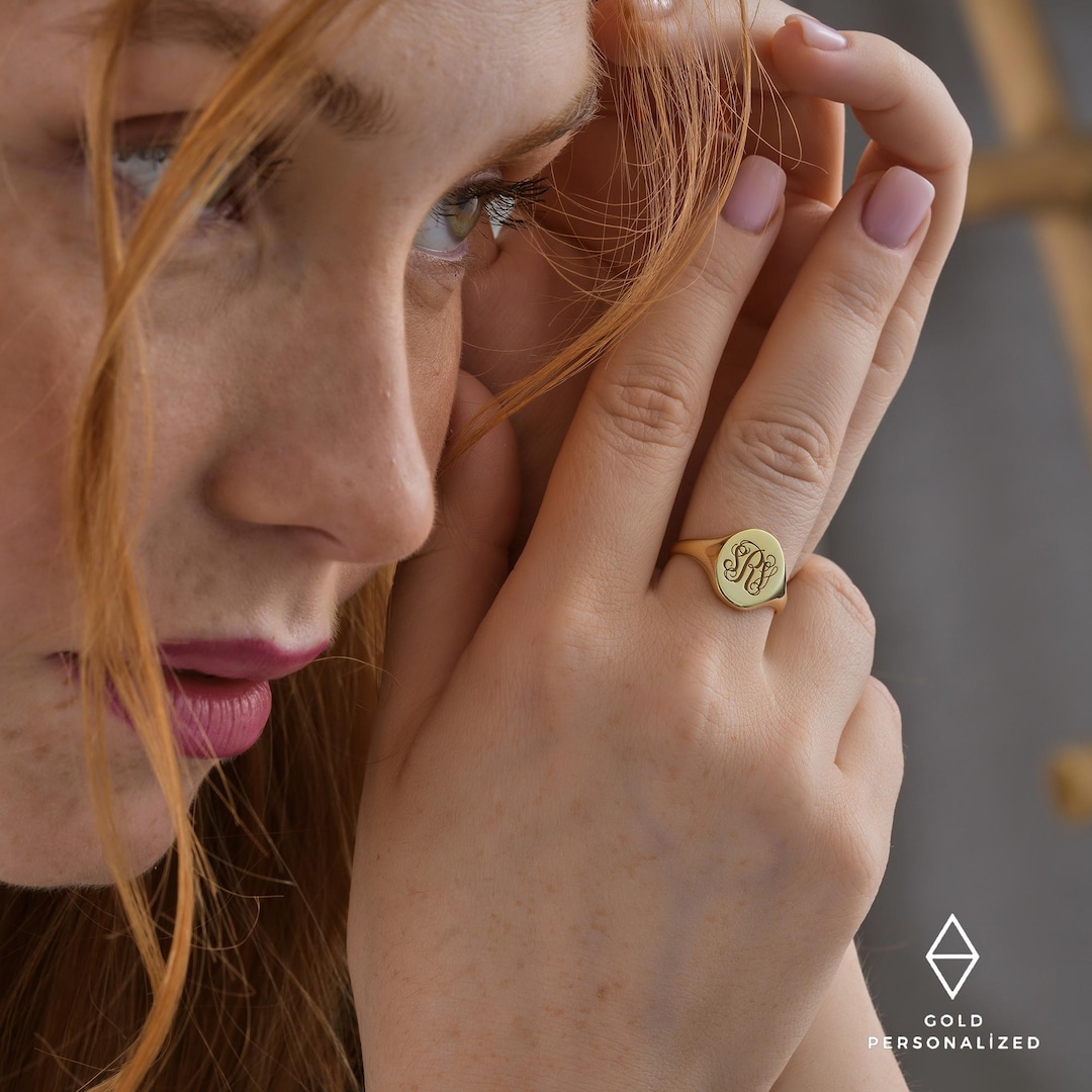 14k Gold Initial Signet Ring,personalized Monogram Ring,engraved