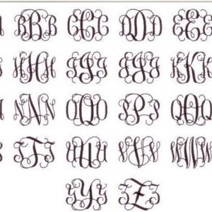 May include: A set of 26 alphabet letters in a monogram style font. Each letter is in a circular frame with a decorative flourish. The letters are in black and white.