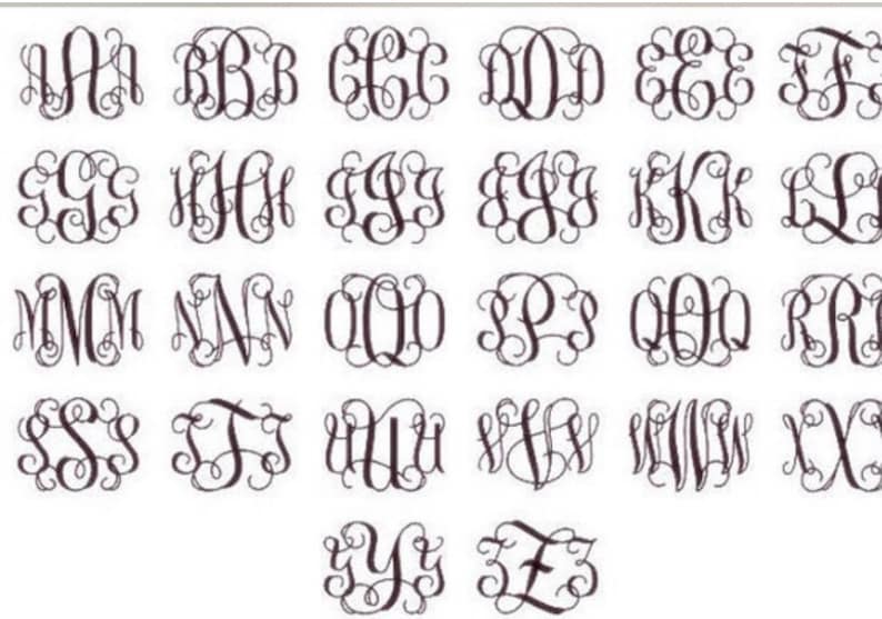 May include: A set of 26 alphabet letters in a monogram style font. Each letter is in a circular frame with a decorative flourish. The letters are in black and white.