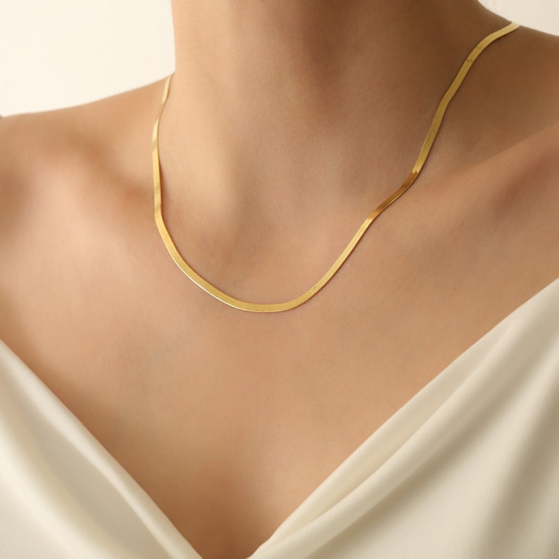 14k Snake Chain Necklace,Herringbone Chain Necklace, Flat Snake Chain Choker Silver, Gold, Rose Gold,JX107 image 3