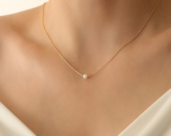 14k Solid Gold Pearl Necklace,Dainty Freshwater Pearl Necklace,Tiny Pearl Necklace,Bridesmaid Gifts,JX118