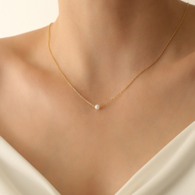 14k Solid Gold Pearl Necklace,Dainty Freshwater Pearl Necklace,Tiny Pearl Necklace,Bridesmaid Gifts,JX118 image 2
