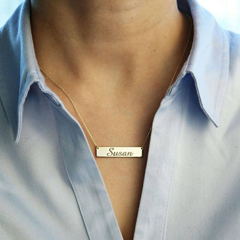 14k Solid Gold Engraved Bar Necklace-Personalized Necklace-Gold Name Necklace-Letter Necklace-Pesonalized Gift-Gifts For Her JX11 image 2