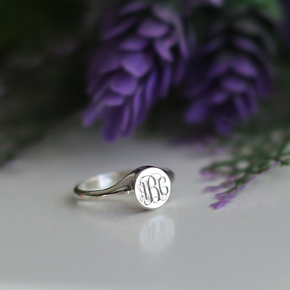 Monogrammed Ring Sterling Silver Round Ring with Rope Bands Personalized Custom Signet Ring for Women or Bridesmaid Present Round Gift