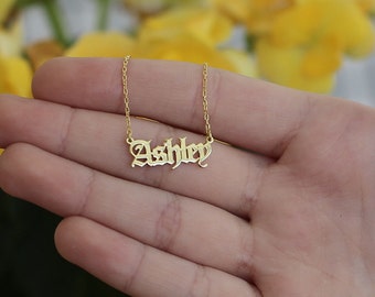 14k Solid Gold Old English Name Necklace-Gold Name Necklace- Nameplate Necklace-Gothic Name Necklace-Initial Necklace-JX15