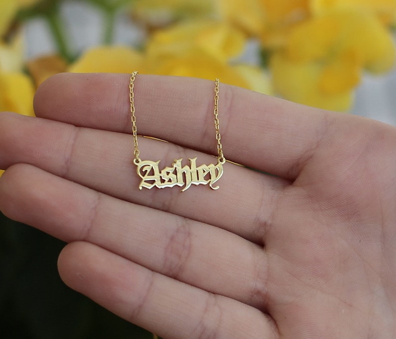 14k Solid Gold Old English Name Necklace-Gold Name Necklace- Nameplate Necklace-Gothic Name Necklace-Initial Necklace-JX15 