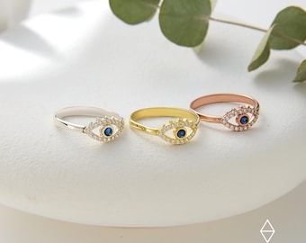 Sapphire Eye Ring,Evil Eye Jewelry,Dainty Evel Eye Ring  Protection Jewelry,Stacking Ring with Dainty Diamonds,JX61