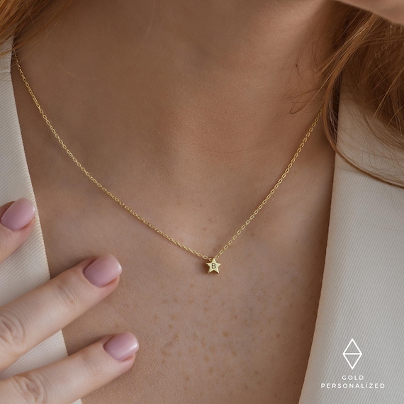 14k Gold Tiny Initial Star Necklace-Personalized Necklace-Dainty Initial  Necklace-Personalized Gifts-JX14