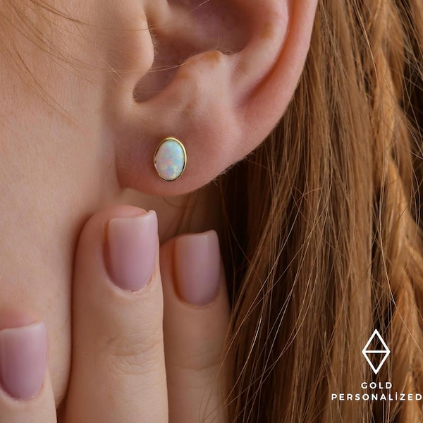 Pendientes de oro de 14k con ópalo, pendientes delicados, pendientes de ópalo blanco. Pendientes minimalistas, pendientes de ópalo auténtico, JX63