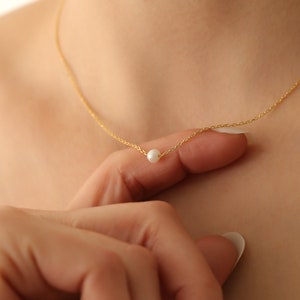 14k Solid Gold Pearl Necklace,Dainty Freshwater Pearl Necklace,Tiny Pearl Necklace,Bridesmaid Gifts,JX118 image 3