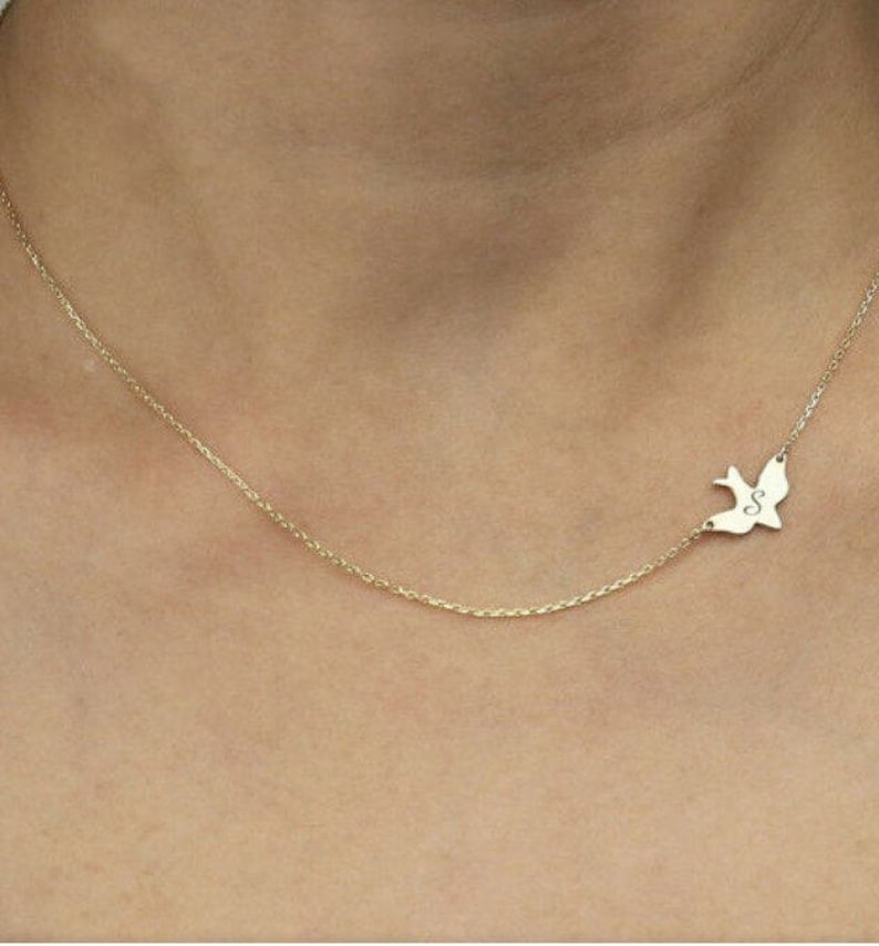 14k Gold Bird Necklace-Gold Dove Necklace-Soar Bird Necklace-Custom Necklace-Personalized Gift Personalized Necklace Mother's Day Gift-JX14 image 2