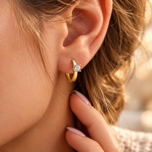 14k Gold Diamond Huggie Hoop Earrings, Dainty Round Solitaire Gemstone Jewelry, Minimalist Crystal Gift