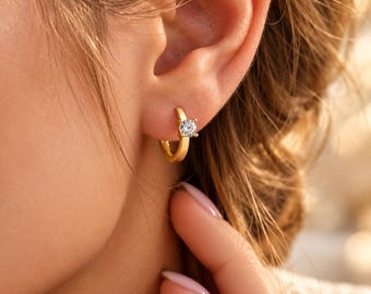 14k Gold Diamond Huggie Hoop Earrings, Dainty Round Solitaire Gemstone Jewelry, Minimalist Crystal Gift