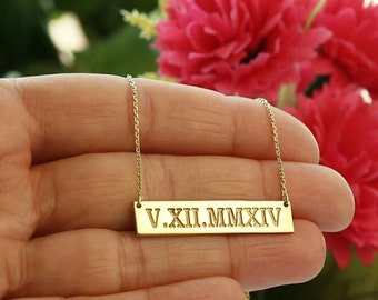 Roman Numeral Necklace-Personalized  Bar Necklace-Bar Necklace- Bar Necklace-Personalized 14K Gold Filled-Silver Necklace-JX14