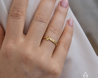 14k Solid Gold Dainty Name Ring-Personalized Rings-Gold Name Ring-Gift For Her-Stackable Ring-Stacking Ring-Personalized Gift-JX08