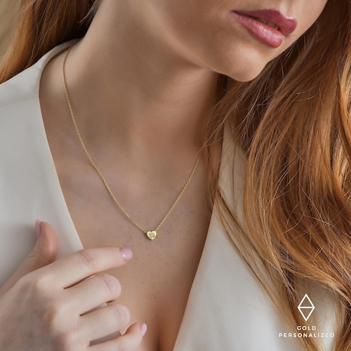 Mini collier initiale en or 14 carats, petit collier monogramme, collier lettre, or, or Rose, collier en argent, collier coeur-JX25