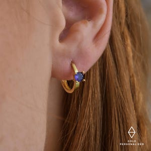 14k Gold Sapphire Huggie Earrings,Sapphire Hoops,Minimalist Earrings,Sapphire Earrings, Dainty Earrings,JX73