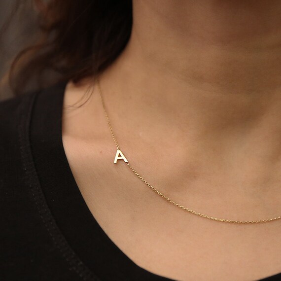 14k Solid Gold Initial Necklace Sideways Initial Etsy