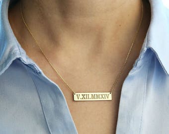 14k Gold Roman Numeral Necklace-Personalized Bar Necklace-Bar Necklace-JX14