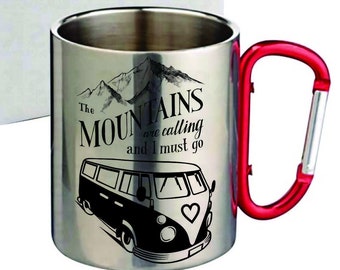 Stainless Steel Carabiner Mug, Mountain Van Design, Hiking Gift