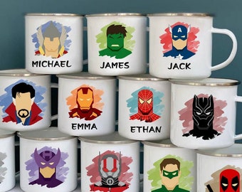 Taza infantil de superhéroe personalizada/taza esmaltada para niños pequeños, regalo de cumpleaños