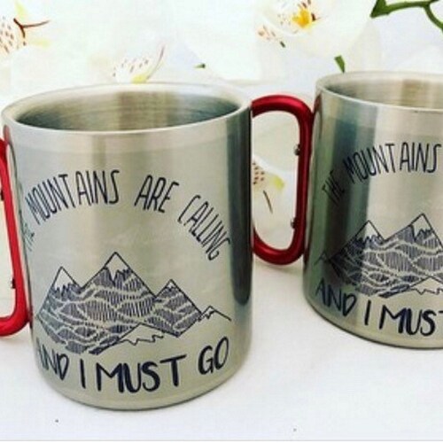 Hiking gift.Gift for mountain lovers.Mountains are calling and I must go. For him. For her. Stainless Steel carabiner mug. Gift idea.