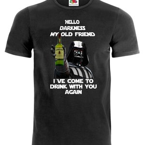 May include: Black t-shirt with a graphic of Darth Vader holding a bottle of Jameson Irish Whiskey. The text on the shirt reads "Hello darkness my old friend. I've come to drink with you again."