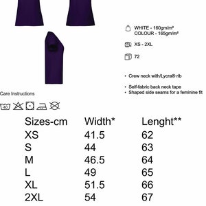 May include: A purple t-shirt with a crew neck and short sleeves. The t-shirt is made of 100% cotton and has a self-fabric back neck tape. The size chart shows the width and length of the t-shirt in centimeters.