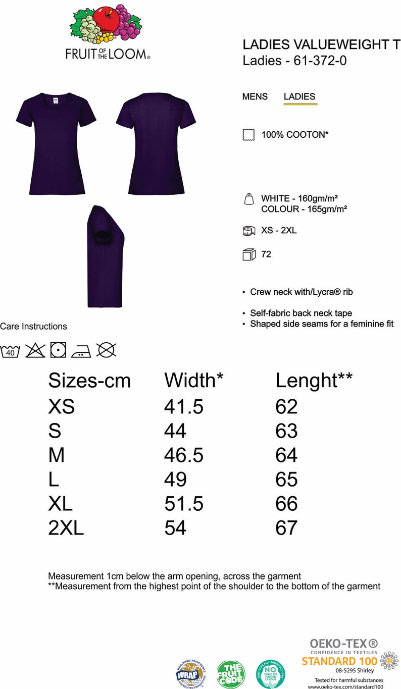 May include: A purple t-shirt with a crew neck and short sleeves. The t-shirt is made of 100% cotton and has a self-fabric back neck tape. The size chart shows the width and length of the t-shirt in centimeters.