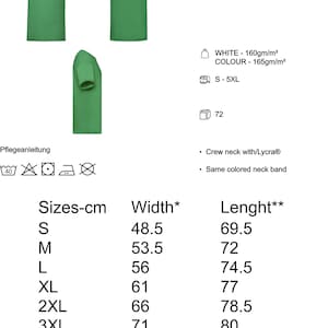 May include: A green t-shirt with the Fruit of the Loom logo. The t-shirt is made of 100% cotton and has a crew neck with Lycra. The t-shirt is available in sizes S-5XL. The t-shirt is also available in white. The t-shirt is certified by Oeko-Tex Standard 100.
