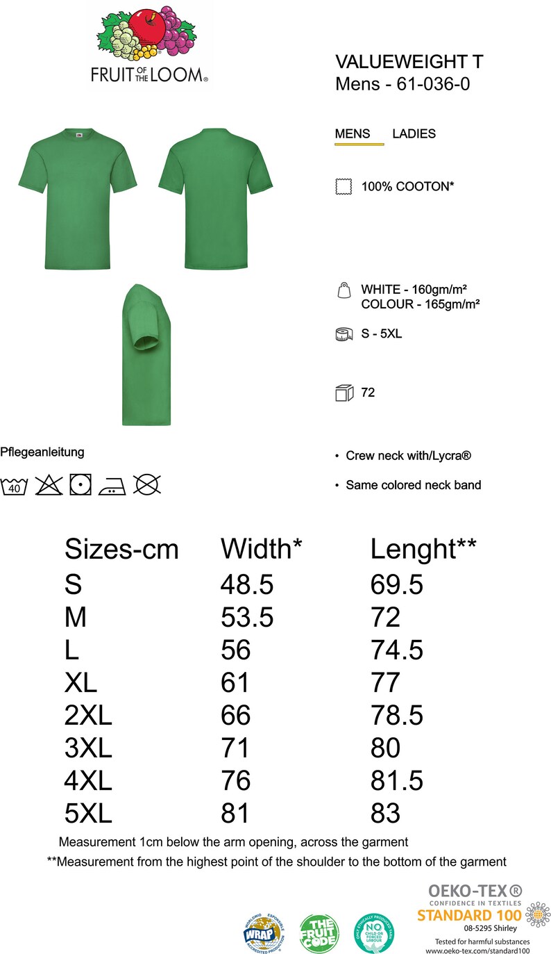 May include: A green t-shirt with the Fruit of the Loom logo. The t-shirt is made of 100% cotton and has a crew neck with Lycra. The t-shirt is available in sizes S-5XL. The t-shirt is also available in white. The t-shirt is certified by Oeko-Tex Standard 100.